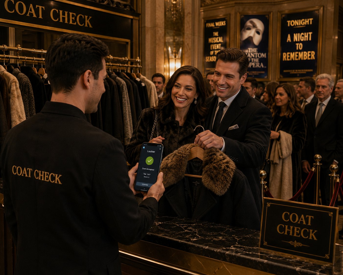 A coat check attendant taking a guest's coat at a theater
