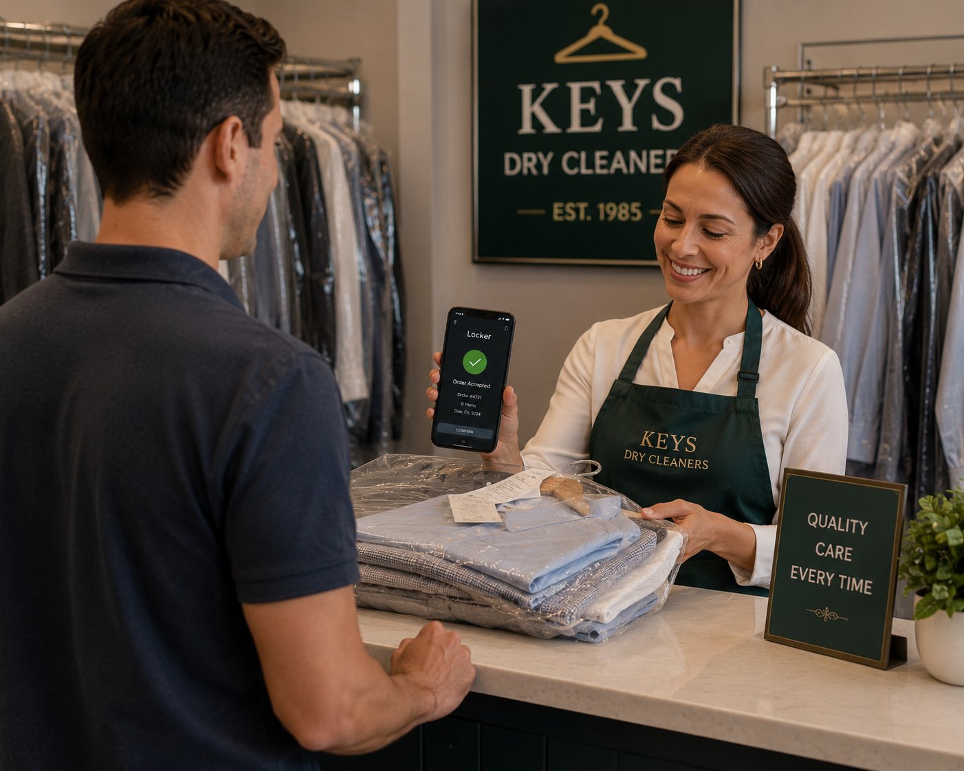 A dry cleaner taking in a customer's garments at the counter