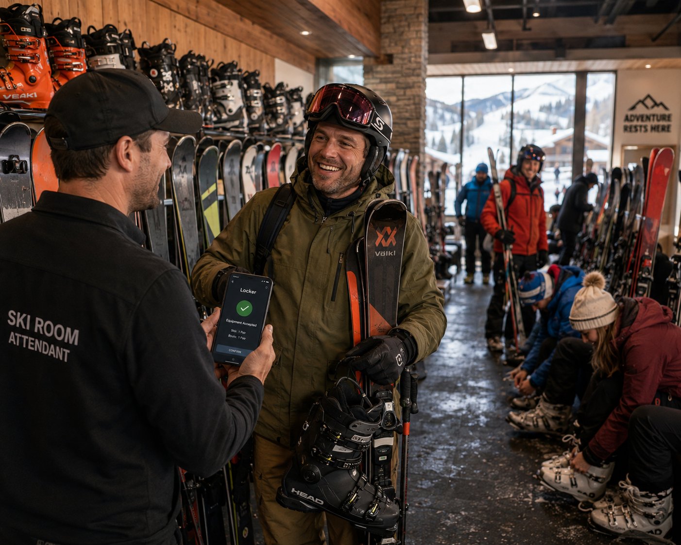 A ski room attendant checking in a guest's skis and boots