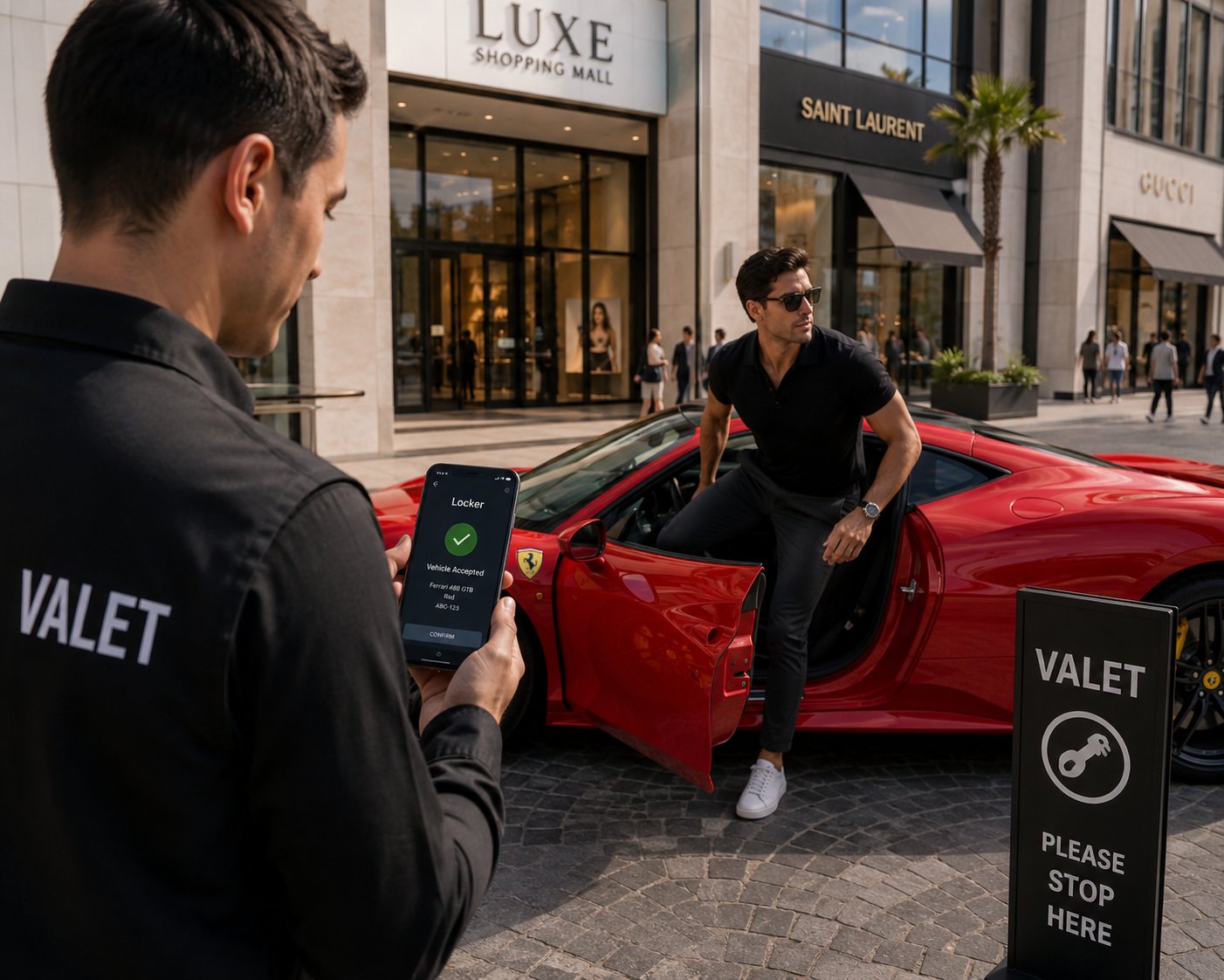 A valet attendant checking in a guest's car